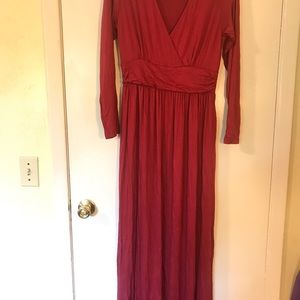 Cranberry red, long sleeved maxi dress with pockets
